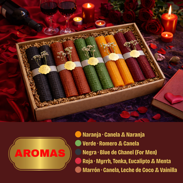 Pack de velas de cera de abeja de 15cm, artesanales SHAMARYN (5 colores · 5 aromas.)  + 🎁 Atado de Salvia Blanca y Copal Blanco (10 cm).