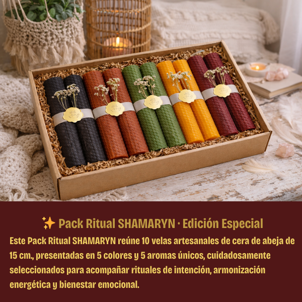 Pack de velas de cera de abeja de 15cm, artesanales SHAMARYN (5 colores · 5 aromas.)  + 🎁 Atado de Salvia Blanca y Copal Blanco (10 cm).