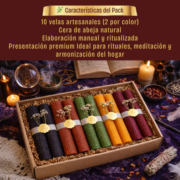 Pack de velas de cera de abeja de 15cm, artesanales SHAMARYN (5 colores · 5 aromas.)  + 🎁 Atado de Salvia Blanca y Copal Blanco (10 cm).