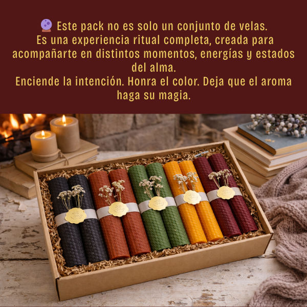 Pack de velas de cera de abeja de 15cm, artesanales SHAMARYN (5 colores · 5 aromas.)  + 🎁 Atado de Salvia Blanca y Copal Blanco (10 cm).
