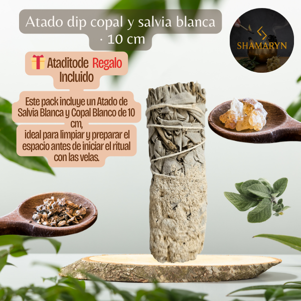 Pack de velas de cera de abeja de 15cm, artesanales SHAMARYN (5 colores · 5 aromas.)  + 🎁 Atado de Salvia Blanca y Copal Blanco (10 cm).