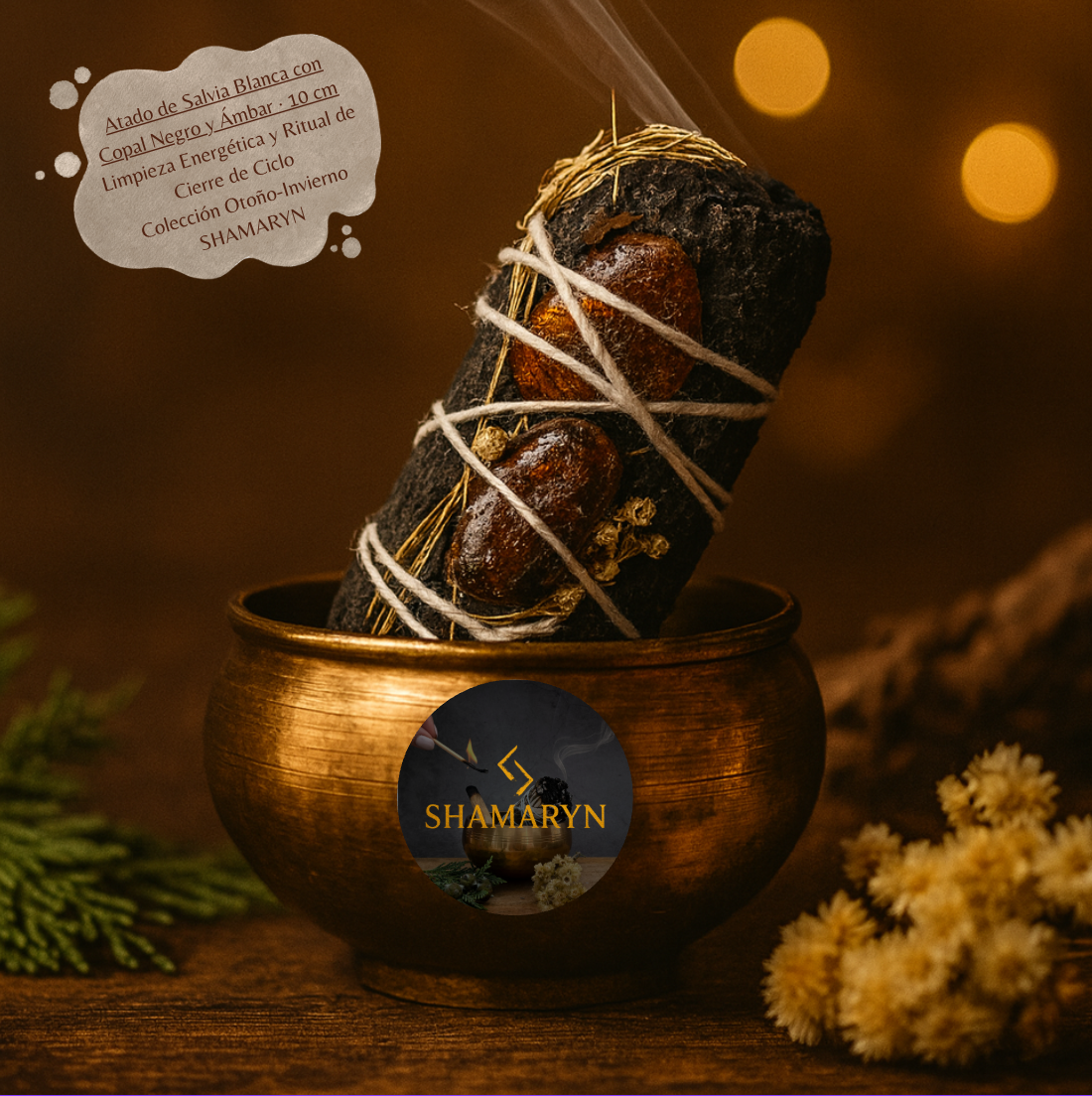 Atado Salvia Blanca con Copal Negro y Ámbar · 10 cm | Limpieza Energética y Ritual de Cierre de Ciclo