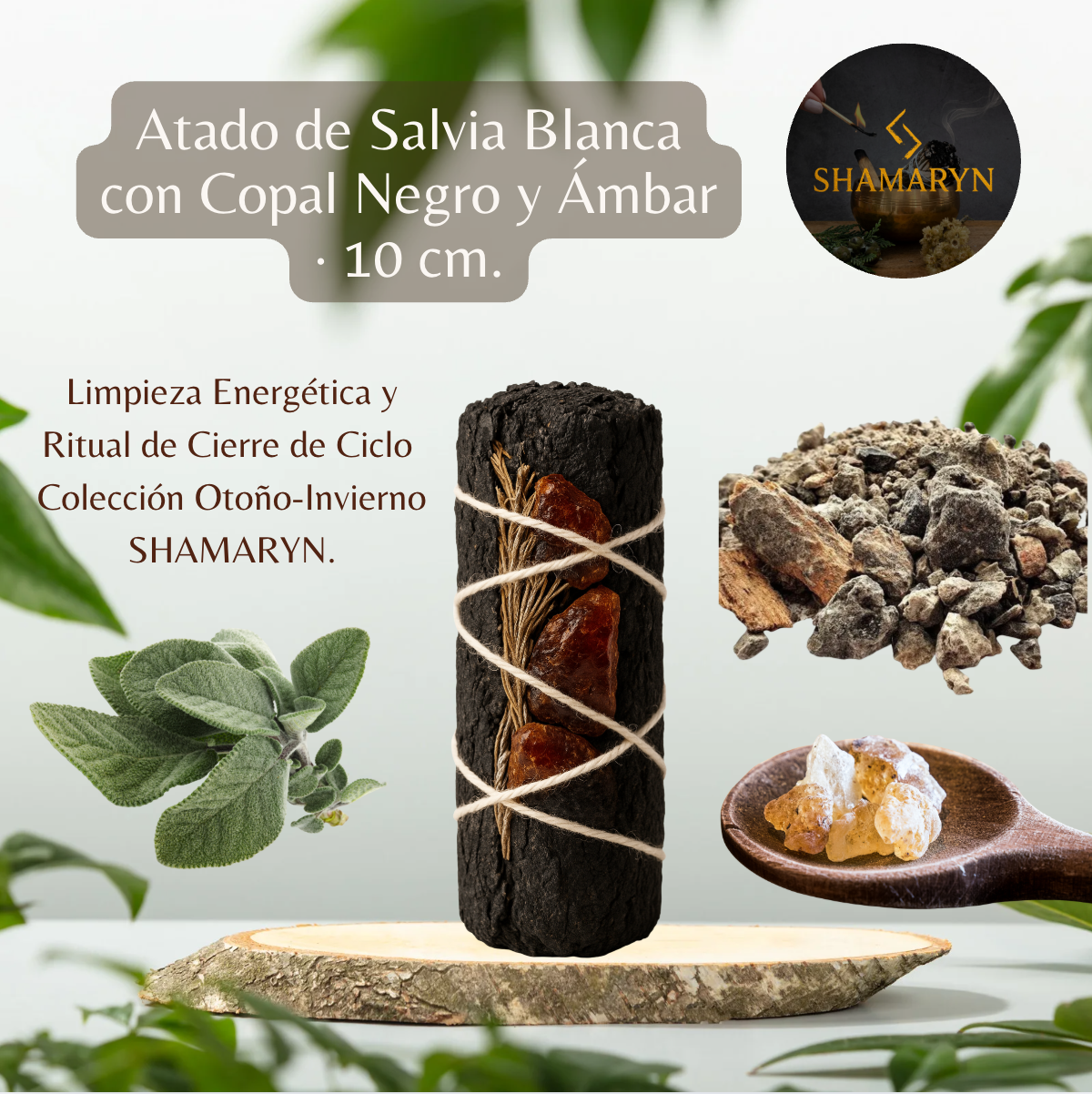 Atado Salvia Blanca con Copal Negro y Ámbar · 10 cm | Limpieza Energética y Ritual de Cierre de Ciclo