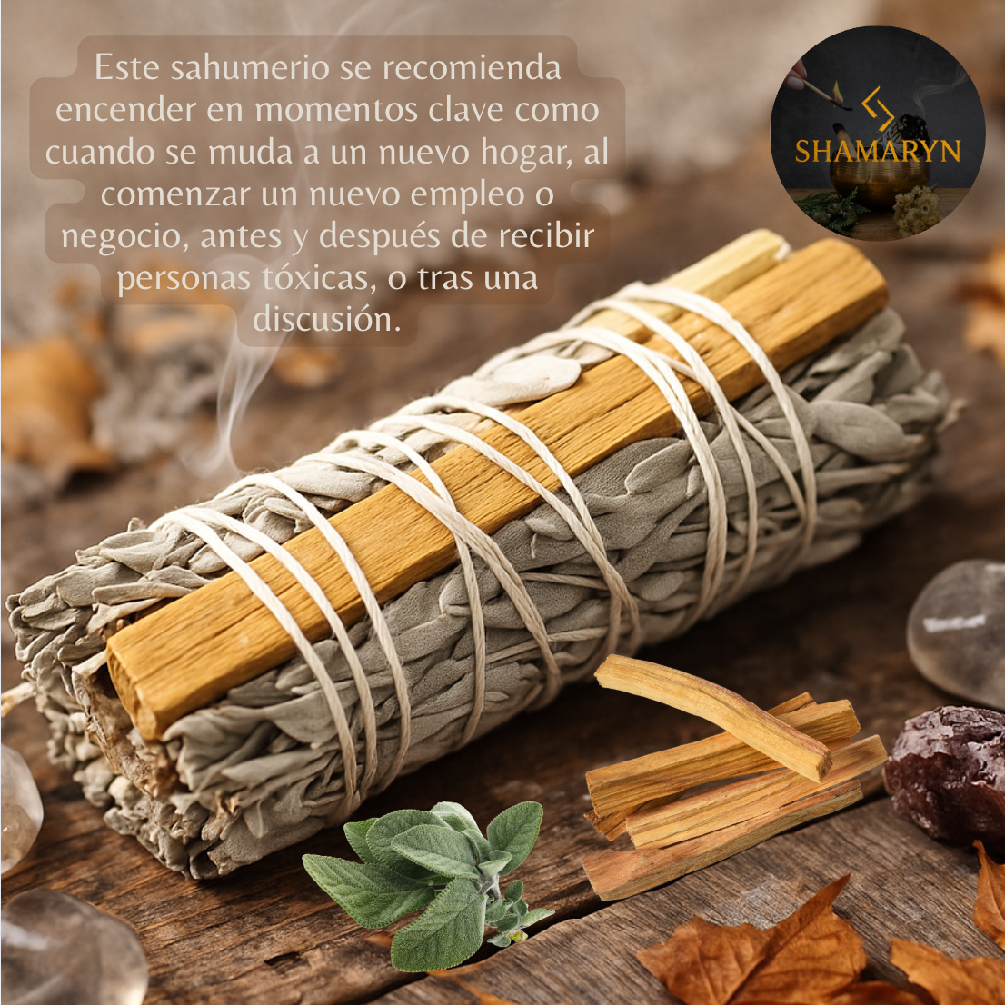 Atado Palo Santo y Salvia Blanca 10 cm · Sahumerio nuevo hogar, empleo o negocio